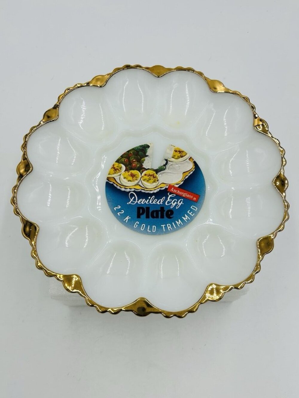 Vintage Anchor Hocking Deviled Egg Plate Milk Glass 22K Gold Trim